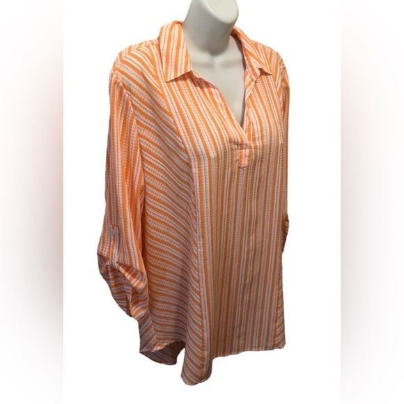 Chico’s Tunic Top Sz. 2/L Orange & White Stripe Roll Tab 3/4 Sleeve Casual Shirt - Picture 3 of 7